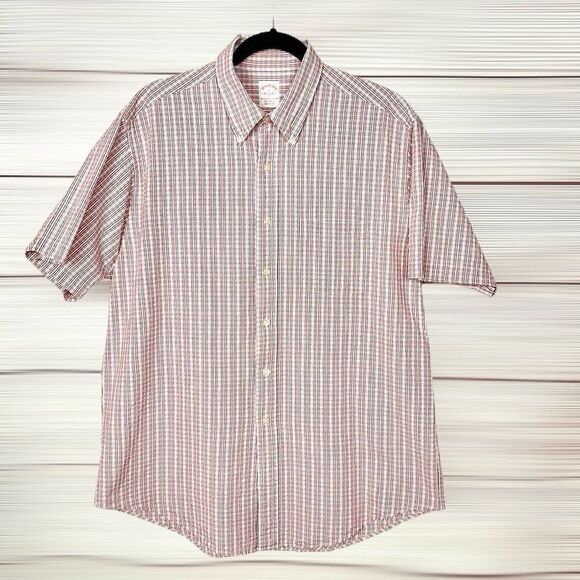 Brooks Brothers Structured Cotton Shirt Button Up White Red Plaid Short Sleeve L - Picture 1 of 10